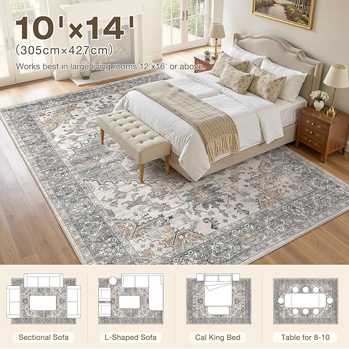 10x14 Washable Area Rugs for Living Room: Non Slip Vintage Gray Brown Rug, Large Soft Stain Resistant Indoor Floor Carpets for Bedroom Dining Room Nursery Home Office Kid & Pet Friendly