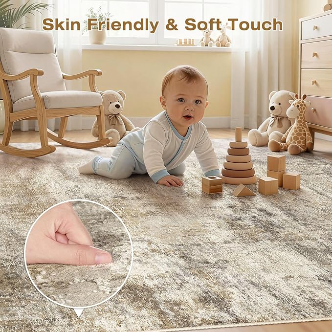 cotiled 9x12 Area Rugs for Living Room - Washable Neutral Abstract Carpet Non Slip Soft Rug for Bedroom & Dining Table, Robot Vacuum & Pet Friendly Floor Decor Brown