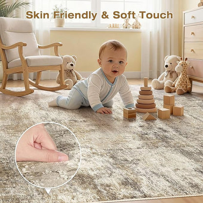 cotiled 9x12 Area Rugs for Living Room - Washable Neutral Abstract Carpet Non Slip Soft Rug for Bedroom & Dining Table, Robot Vacuum & Pet Friendly Floor Decor Brown