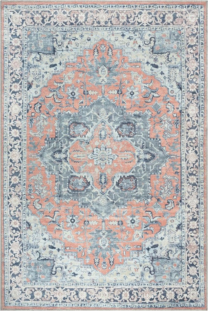 Bloom Rugs Washable Non-Slip 3' x 5' Rug - Coral/Blue Traditional Medallion Area Rug for Living Room, Bedroom, Dining Room, and Kitchen - Exact Size: 3' x 5'