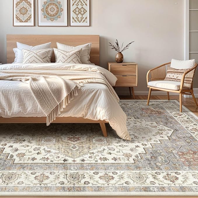9x12 Area Rug Living Room: Washable Boho Large Neutral Vintage Soft Rugs Stain Resistant Farmhouse Non-Slip Indoor Floor Carpet for Bedroom Nursery Kids Playroom Office Dining Room- Orange Beige