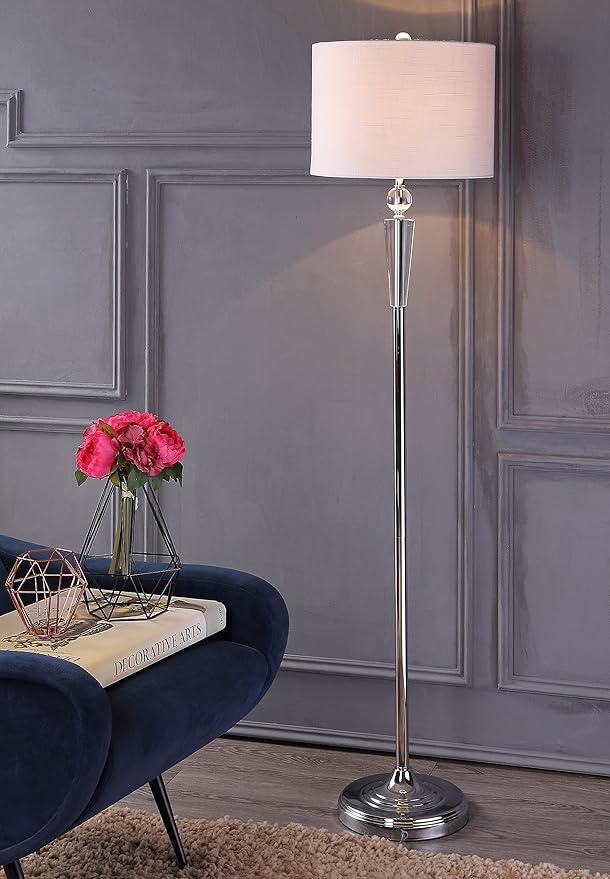 JONATHAN Y 59.5" Crystal and Chrome LED Floor Lamp, Modern Glam Column Standing Lamp with White Linen Drum Shade for Living Room, Bedroom, LED Bulb Included, UL Listed JYL2022A