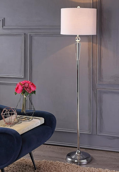 JONATHAN Y 59.5" Crystal and Chrome LED Floor Lamp, Modern Glam Column Standing Lamp with White Linen Drum Shade for Living Room, Bedroom, LED Bulb Included, UL Listed JYL2022A