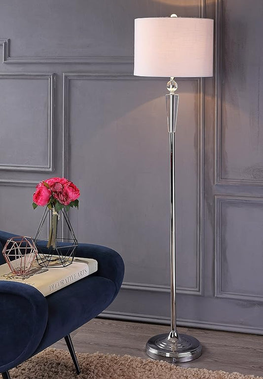 JONATHAN Y 59.5" Crystal and Chrome LED Floor Lamp, Modern Glam Column Standing Lamp with White Linen Drum Shade for Living Room, Bedroom, LED Bulb Included, UL Listed JYL2022A