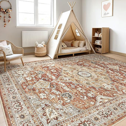 10x14 Area Rugs Living Room: Machine Washable Boho Large Vintage Soft Rug Stain Resistant Farmhouse Oriental Non Slip Indoor Carpet for Bedroom Nursery Kids Playroom Office Dining Room- Red Brown