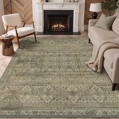 GENIMO 8x10 Area Rugs for Living Room, Machine Washable Non Slip Vintage Rugs, Low Pile Lightweight Chenille Print Rug for Bedroom, Dining Room, Home Office, Green Khaki