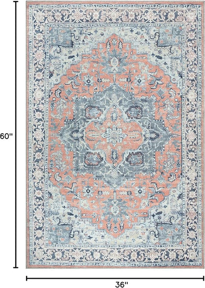 Bloom Rugs Washable Non-Slip 3' x 5' Rug - Coral/Blue Traditional Medallion Area Rug for Living Room, Bedroom, Dining Room, and Kitchen - Exact Size: 3' x 5'