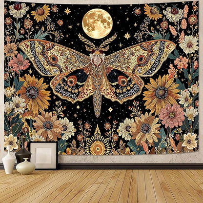 Leeisysme Hippie Moth Butterfly Moon Tapestry, Aesthetic Witchy Floral Moth Wall Art for Living Room Bedroom Home Decor, 44x60 inches