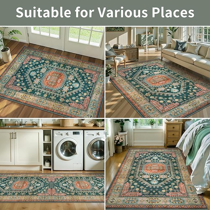 Tangsoo Vintage 4x6 Rug for Living Room,Washable Indoor Area Rug Non-Slip Rubber Backing Mat,Yellow Green Multi Geometric Soft Low Pile Carpet for Front Porch Dining Room Patio Bedroom
