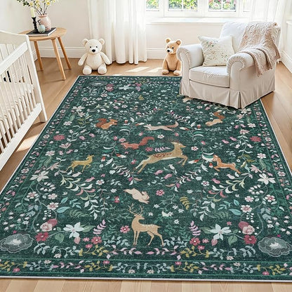 6x9 Area Rugs Washable Rug: Lagre Boho Living Room Rug Soft Non-Slip Thin Carpet Indoor Floor Non-Shedding Neutral Floral Carpets for Bedroom Dining Room Farmhouse Nursery Dark Green