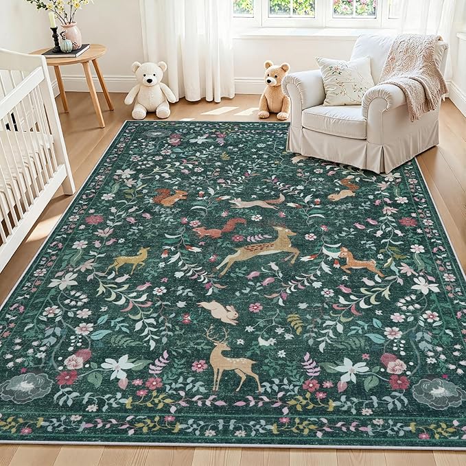5x7 Area Rugs Washable Rug: Lagre Boho Living Room Rug Soft Non-Slip Thin Carpet Indoor Floor Non-Shedding Neutral Floral Carpets for Bedroom Dining Room Farmhouse Nursery Dark Green