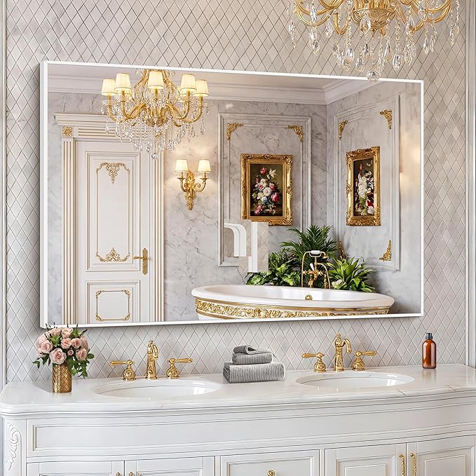 BONEWEI White Bathroom Mirror,55x36 inch Wall Mirror for Bathroom Wall Mounted,Large Rectangle Mirror for Bathroom Over Sink,Modern Metal Frame for Living Room,Bedroom Entryway,Horizontal/Vertical