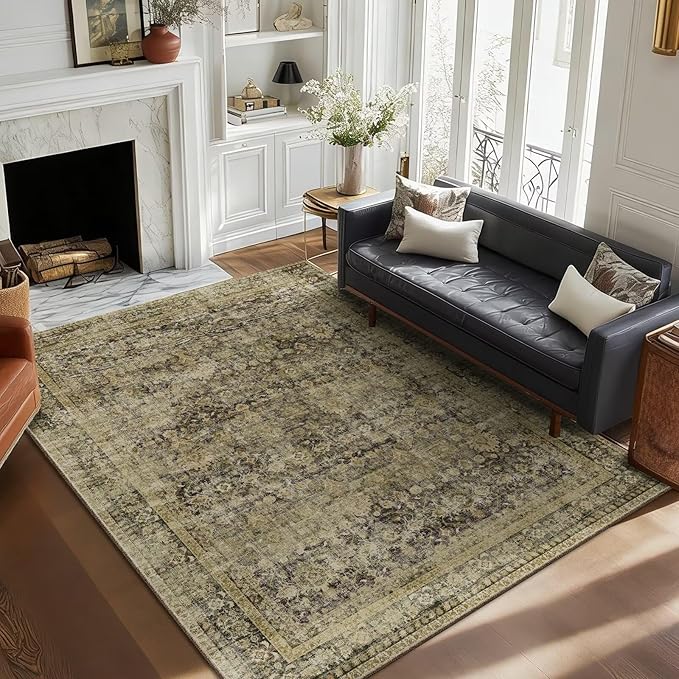 Office, 0.3" Neutral Oriental Throw Thin Carpet with Cushioning, Moss/Yellow/Multi, C3