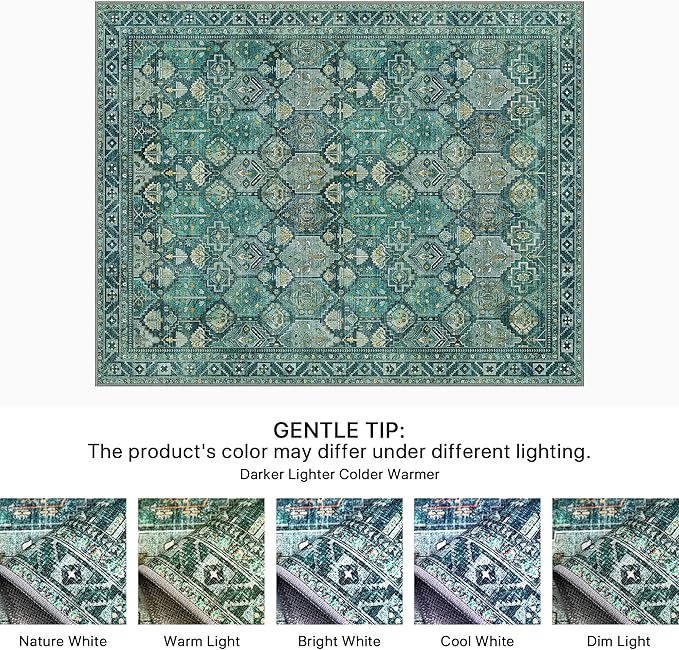 Bavni Washable Rug 9x12 Area Rug for Living Room Bedroom Dining, Washable Vintage Print Carpet, Ultra-Thin Chenille Low Pile Lightweight Rug with Non Slip Backing, Dark Green