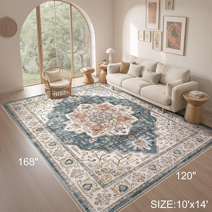 Area Rug 10x14 Washable Vintage - Soft Traditional Rug for Living Room Bedroom Dining Room or Home Office -Non Slip Backing Large Rugs with Low Pile Farmhouse Oriental Retro Carpet - Blue