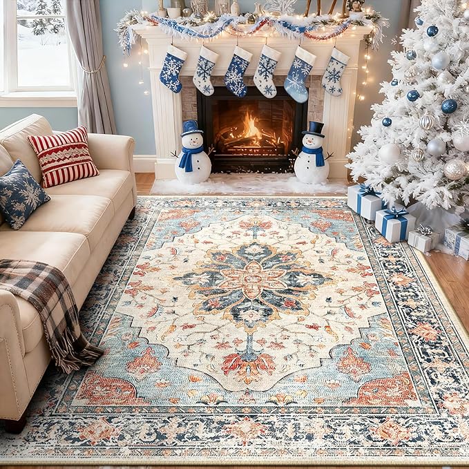 RELEANY Area Rugs 7'x9' Washable Non-Slip, Floral Vintage Distress Print Pattern Medallion Carpet for Living Room Bedroom Dining Room, Beige Navy Blue Orange Colorful