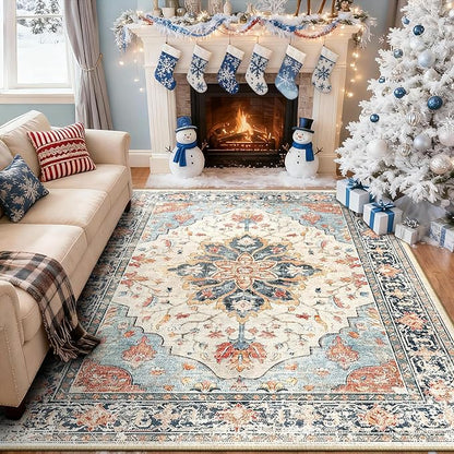 RELEANY Area Rugs 5'x8' Washable Non-Slip, Floral Vintage Distress Print Pattern Medallion Carpet for Living Room Bedroom Dining Room, Beige Navy Blue Orange Colorful
