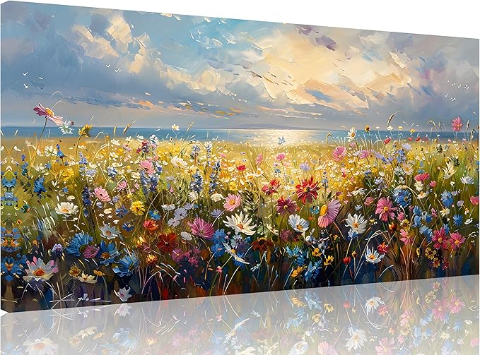 TutuBeer 1 Pcs Wildflower Field Artwork Rustic Wildflower Field at Beach Vintage Wall Art Canvas Prints Wild Flower Wall Art Rustic Style Kitchen Office Farmhouse Bathroom Decor 8x16inch