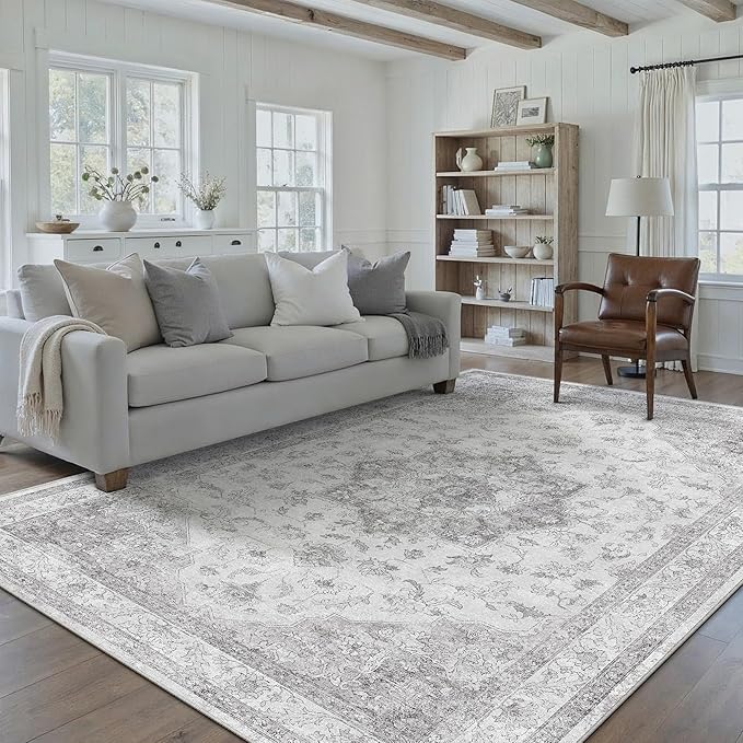 PureCozy Grey Gray Area Rug 5x7 Washable Vintage Carpet for Living Room Office Soft Retro Low Pile Thin Indoor Rug Non Slip Oriental Medallion Floor Cover for Bedroom Dining Room