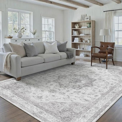 PureCozy Gray Area Rug 9x12 Washable Living Room Carpet Vintage Non Slip Soft Bedroom Indoor Office Retro Grey Low Pile Thin Oriental Medallion Large Rug for Dining Room Bathroom Playroom
