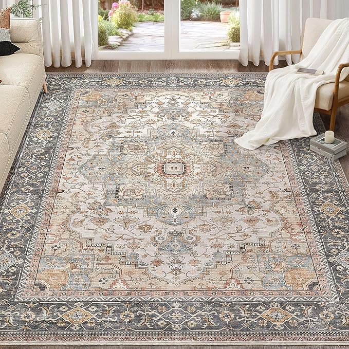EIEIHOUSE Washable Area Rugs for Living Room -7x10 Vintage Floral Farmhouse Large Soft Floor Rug Indoor Carpet for Living Room Bedroom Dining Room Office - Forest Green Orange