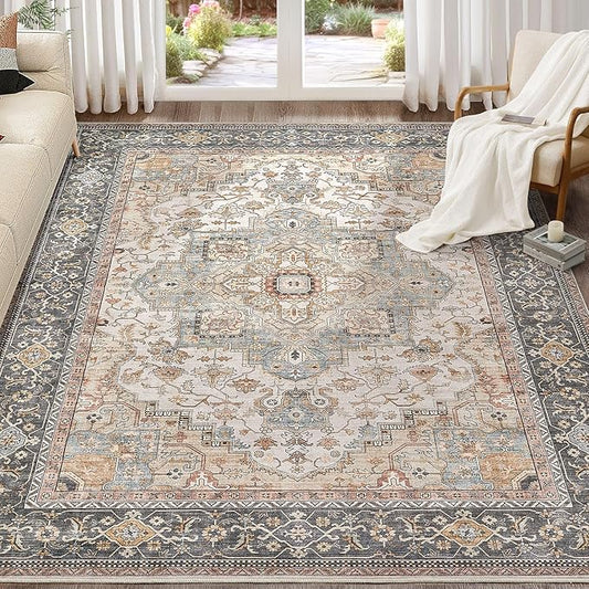 EIEIHOUSE Washable Area Rugs for Living Room - 9x12 Neutral Vintage Distressed Floral Farmhouse Boho Large Soft Floor Rug Indoor Non Slip Carpet for Bedroom Dining Room Office -Forest Green Orange