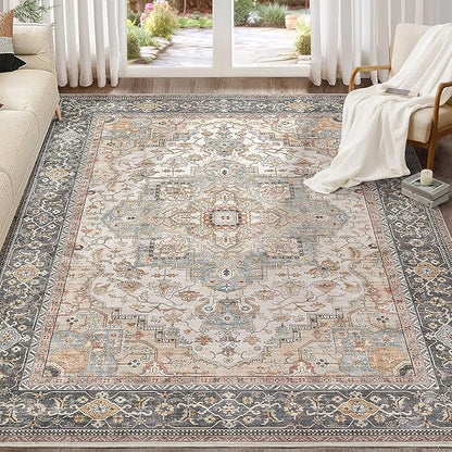 EIEIHOUSE Washable Area Rugs for Living Room - 8x10 Neutral Vintage Distressed Floral Farmhouse Boho Large Soft Floor Rug Indoor Non Slip Carpet for Bedroom Dining Room Office -Forest Green Orange