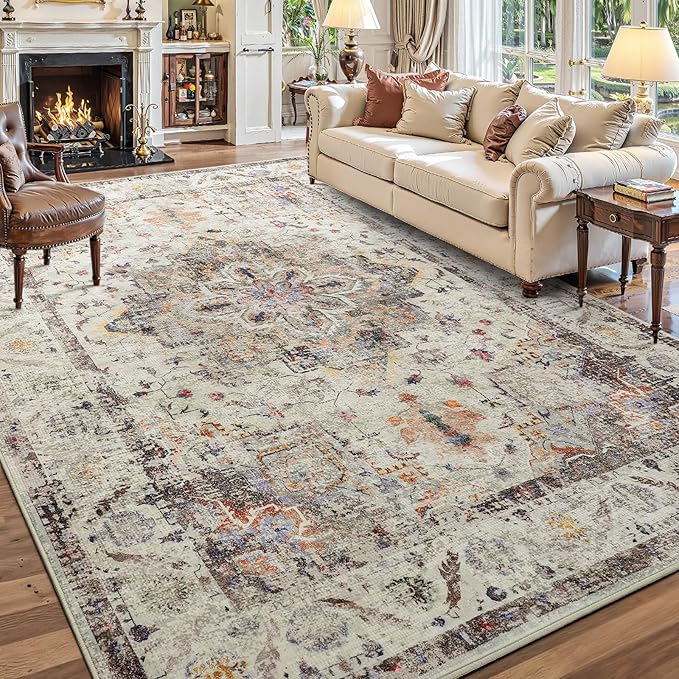 YOH Boho Washable Rug 6x9, Vintage Multi Non Slip Area Rug, Distressed Indoor Carpet for Living Room Bedroom Kitchen Office