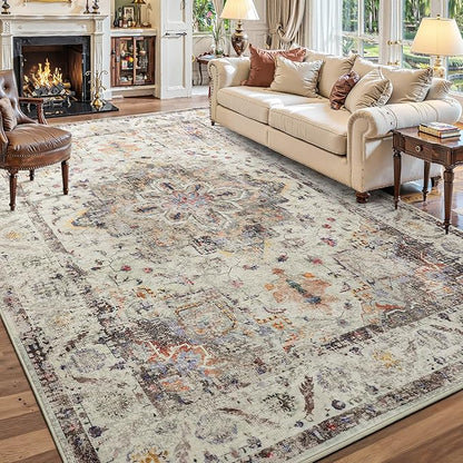 YOH Boho Washable Rug 6x9, Vintage Multi Non Slip Area Rug, Distressed Indoor Carpet for Living Room Bedroom Kitchen Office