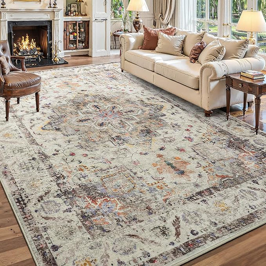 YOH Boho Washable Rug 6x9, Vintage Multi Non Slip Area Rug, Distressed Indoor Carpet for Living Room Bedroom Kitchen Office