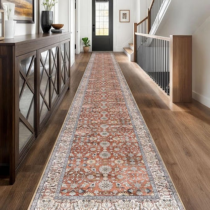 KUTA Extra Long Runner Rug for Hallway 2.6x20ft, Vintage Washable Kitchen Rugs, Red Clay Non-Slip Stair Runners Indoor Soft Printed Vintage Carpet for Bedroom Living Room Nursery