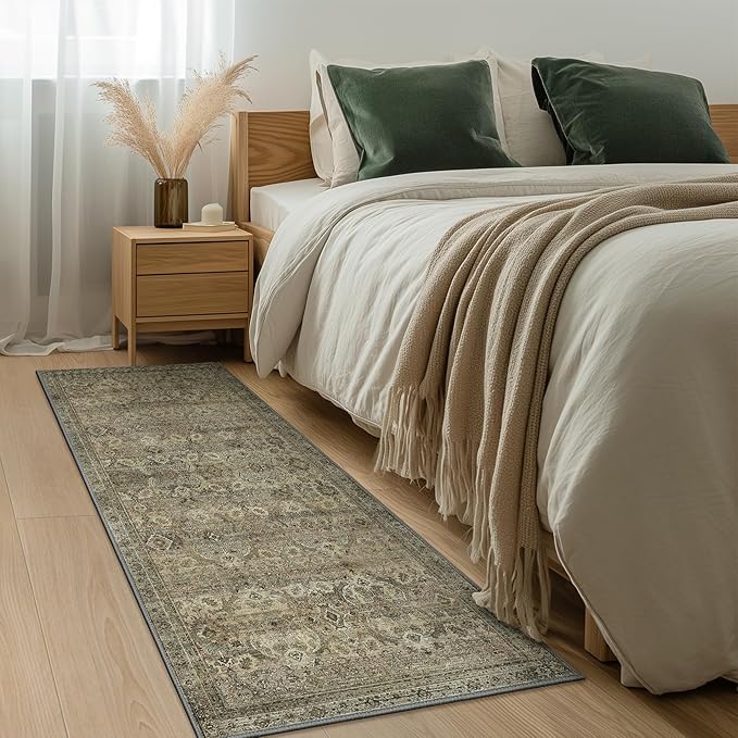 2x5 Runner Rug Machine Washable Boho Rug Runners for Hallway,Ultra-Thin Low Pile Rug,Lightweight Indoor Carpet,Non Slip Floral Runners for Enrtyway, Corridor, Home Office, Kitchen,Sage