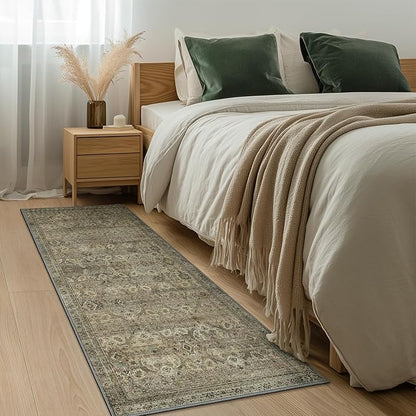 2x8 Runners Machine Washable Boho Rug for Hallway,Ultra-Thin Low Pile Rug,Lightweight Carpet,Non Slip Floral Runners for Enrtyway, Corridor, Home Office, Kitchen,Sage
