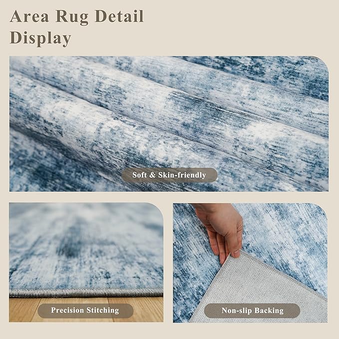 3x10 Ft Long Wide Hallway Runner Rug – Non-Slip Washable Wide Kitchen Runner, Low-Pile Thin Modern Abstract Floor Rug for Indoor Entryway, Bedroom, Living Room (Blue Grey)