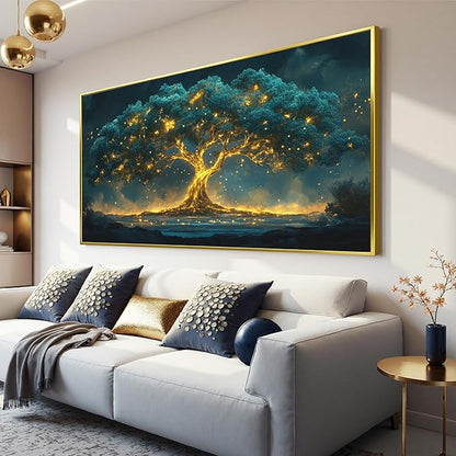 Canvas Wall Art Decor Artwork for Walls Oversized Green Gold Wall Art Prints Gold Framed Large Tree of Life Wall Art for Living Room Canvas Art Wall Decor Home Office Aesthetic Wall Decorations 29" x 58"