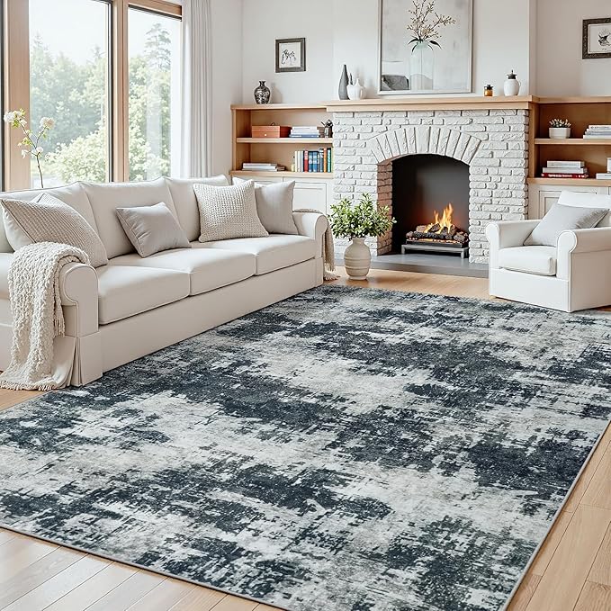 Area Rug 5x7 Living Room Rug Washable: No-Slip Abstract Soft Thin Large Black Rugs, Indoor Floor Stain Resistant Modern Carpet for Bedroom Dining Room Farmhouse Nursery Home Office (Black, 5'x7')