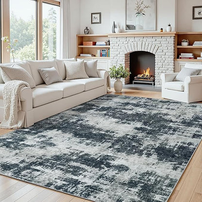 Area Rug 5x7 Living Room Rug Washable: No-Slip Abstract Soft Thin Large Black Rugs, Indoor Floor Stain Resistant Modern Carpet for Bedroom Dining Room Farmhouse Nursery Home Office (Black, 5'x7')