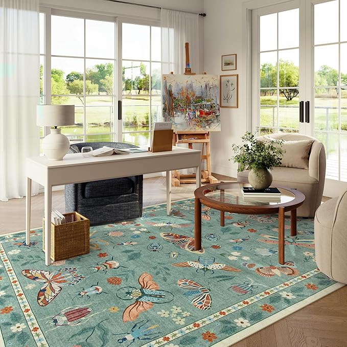 Lahome Insect Washable Rugs for Living Room, Soft 6x9 Area Rugs for Bedroom, Ultra-Thin Non Slip Green Area Rug Stain Resistant Throw Carpet for Dining Room Office Vionnet(6'x9',Green)