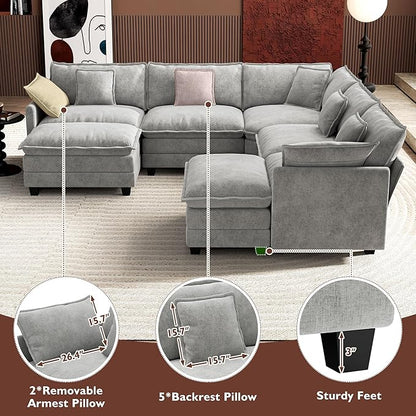 Ihanherry 114" V-Shaped Modern Sofa Modular Sectional Cloud Couch with 2 Ottoman, 7-Seat Chenille Deep Seat Sofa with Corner Section for Living Room, Bedroom and Apartment, Grey