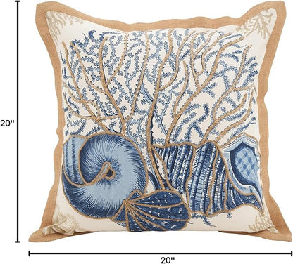SARO LIFESTYLE Neptunian Coastal Throw Pillow – 20” x 20”, Woven Cotton Cover with Jute Trim, Zipper Closure, Down & Feather Insert – Seashell Medley, Navy Blue