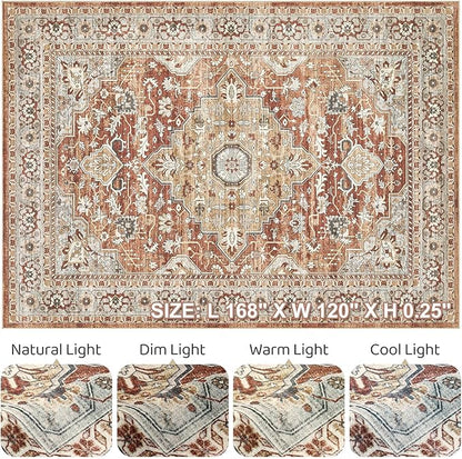 10x14 Area Rugs Living Room: Machine Washable Boho Large Vintage Soft Rug Stain Resistant Farmhouse Oriental Non Slip Indoor Carpet for Bedroom Nursery Kids Playroom Office Dining Room- Red Brown