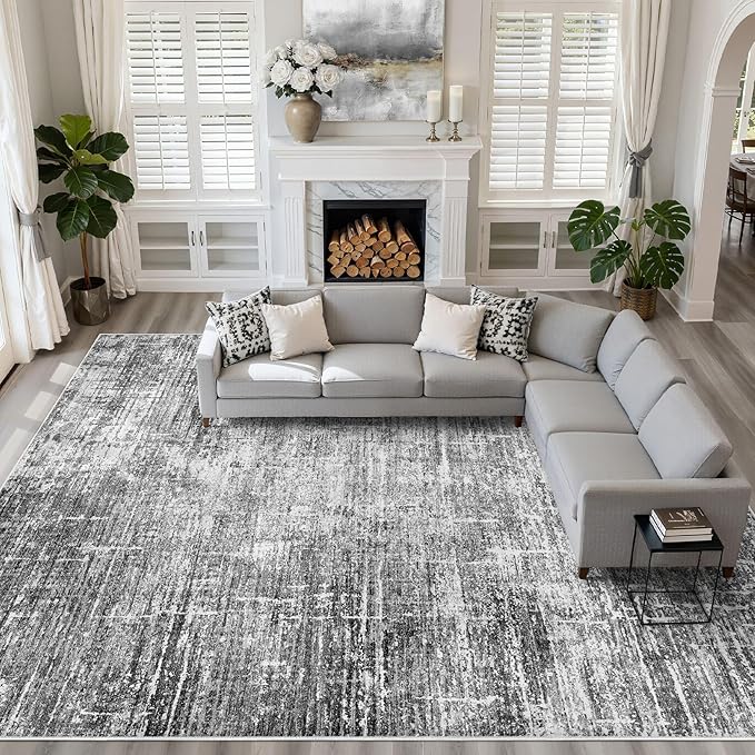 10x12 Area Rug Living Room: Washable Large Neutral Black Rug Abstract Soft Modern Stain Resistant Indoor Floor Non-Slip Carpet for Bedroom Nursery Kids Office Playroom Dining Room Under Table Home