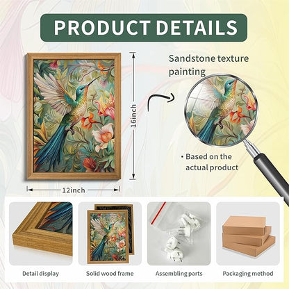 Framed Vintage 3D Textured Wall Art - Colorful Hummingbird Floral Wall Decor - Hand Painted Sandstone Nature Botanical Picture for Living Room Bedroom Home Decor 12x16 inch