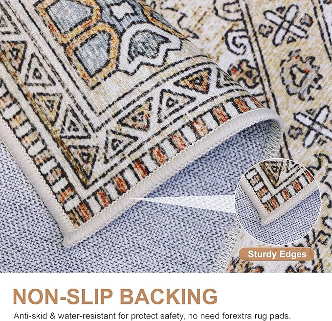 Bavni Runner Rug 2x12 Kitchen Rugs for Hallways Entryway, Washable Vintage Print Carpet, Ultra-Thin Chenille Low Pile Lightweight Rug with Non Slip Backing, Light Tan/Grey