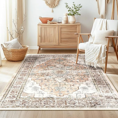 BESTSWEETIE 3x5 Area Rug Washable Rugs for Living Room, No Pile Boho Carpet for Entryway Bedroom Dinning Room, Vintage Carpet Print Distressed Non-Slip, 3 x 5 ft, Orange Pink Brown Earth Tones