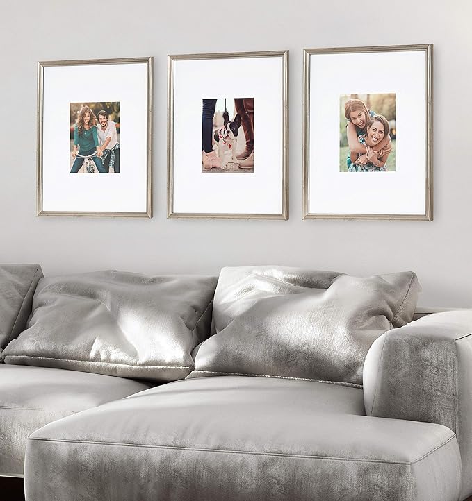 Kate and Laurel Adlynn Wall Picture Frame Set, 16" x 20" matted to 8" x 10", Warm Silver, Set of 3