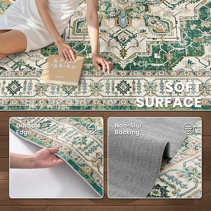 zesthome 6x9 Area Rugs, Machine Washable Rugs for Living Room, Bedroom,Stain Resistant Vintage Large Area Rug,Non-Slip Medallion Pattern Home Decor Rugs (Green,6'x9')