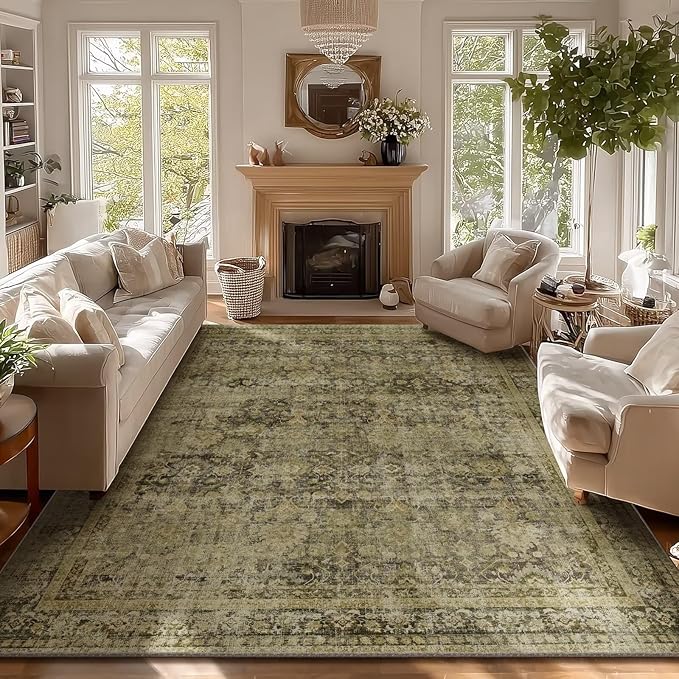 Washable 8x10 Area Rugs for Living Room, Boho Non-Slip Vintage Distress Large Rugs for Bedroom Dining Room Nursery Office, 0.3" Neutral Oriental Throw Thin Carpet, Moss/Yellow/Multi, C3