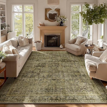 Washable 8x10 Area Rugs for Living Room, Boho Non-Slip Vintage Distress Large Rugs for Bedroom Dining Room Nursery Office, 0.3" Neutral Oriental Throw Thin Carpet, Moss/Yellow/Multi, C3