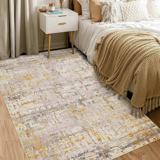 Rugxara 4x6 Rug for Living Room Bedroom, Grey Washable Throw Rugs, Abstract Area Rugs, Non Slip & Low Pile Accent Carpet for Indoor Dining Room, Kids Room and Office(Beige Gold 4x6ft)